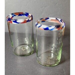 Mexican Hand Blown Red White Blue Rim Glasses 5” Set Of 2 Barware High Ball 16oz